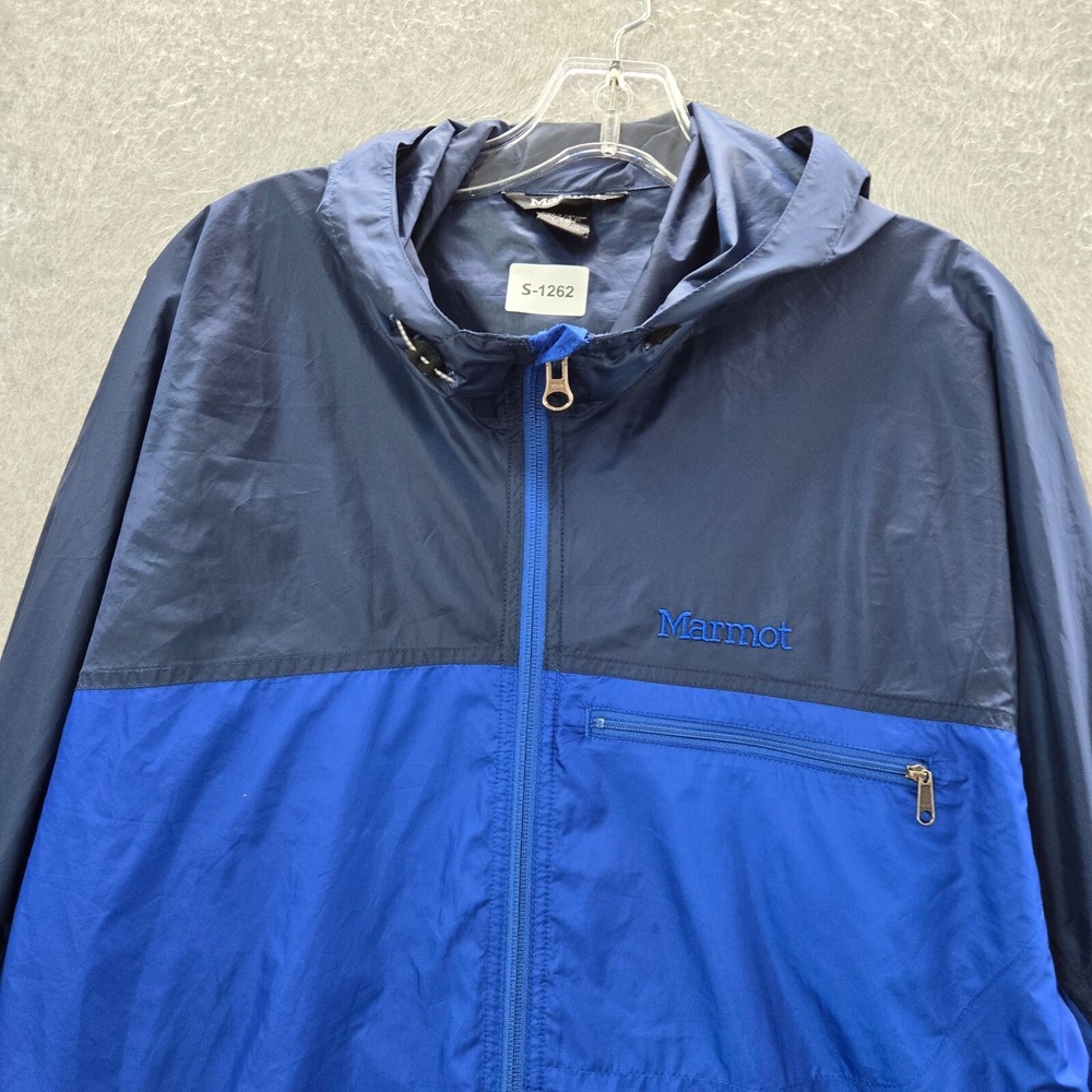 Marmot Men Jacket XL Blue Colorblock Windbreaker Full Zip Pockets Logo Hooded - Picture 10 of 10